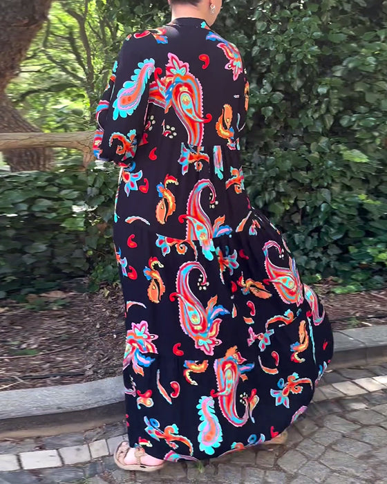 Robe patchwork à manches longues imprimée vintage