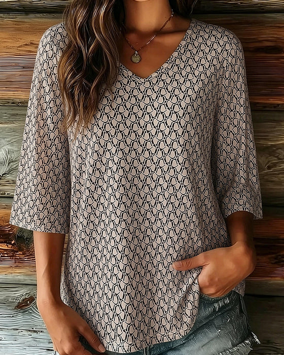 Blouse Col En V Manches Mi-Longues Décontractée
