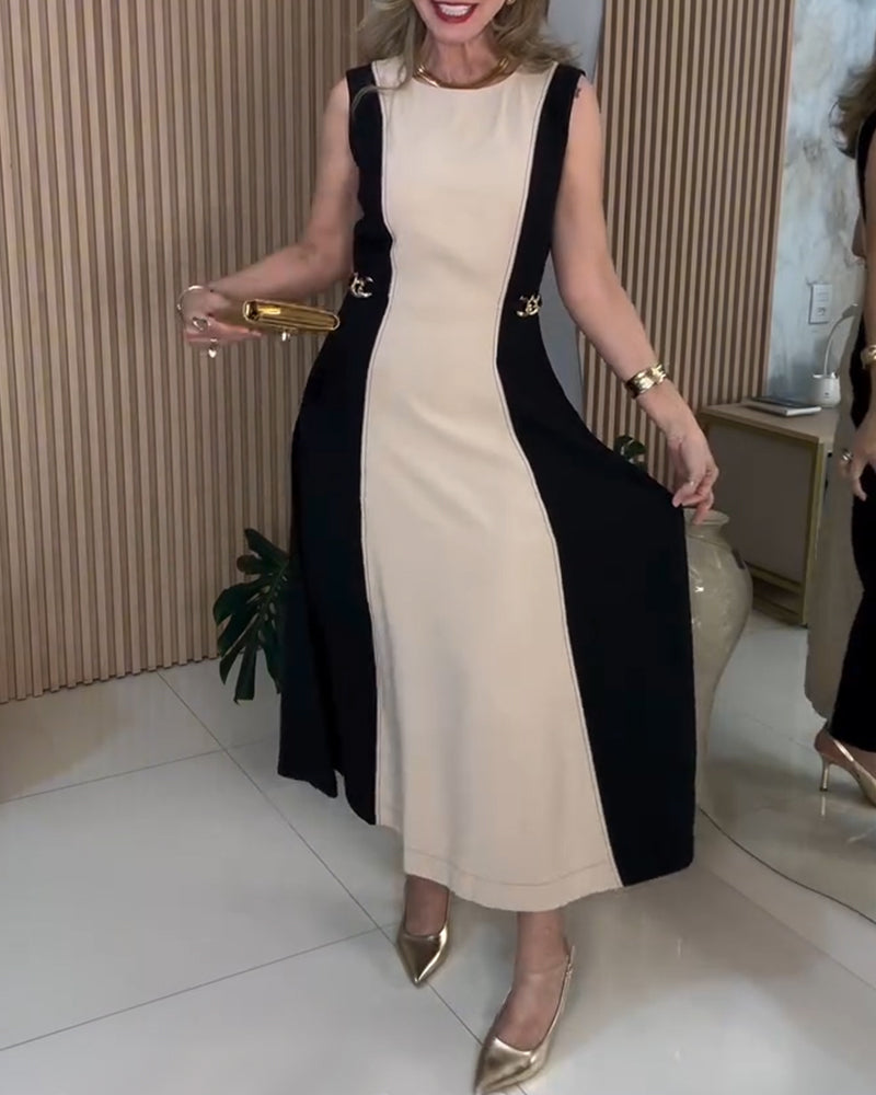 Robe Sans Manches Couleur Contrastante Élégant Taille