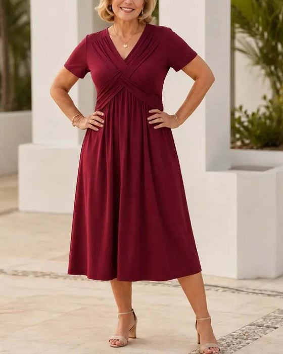 Robe Croisé Col En V Taille Cintrée Manches Courtes Coupe A