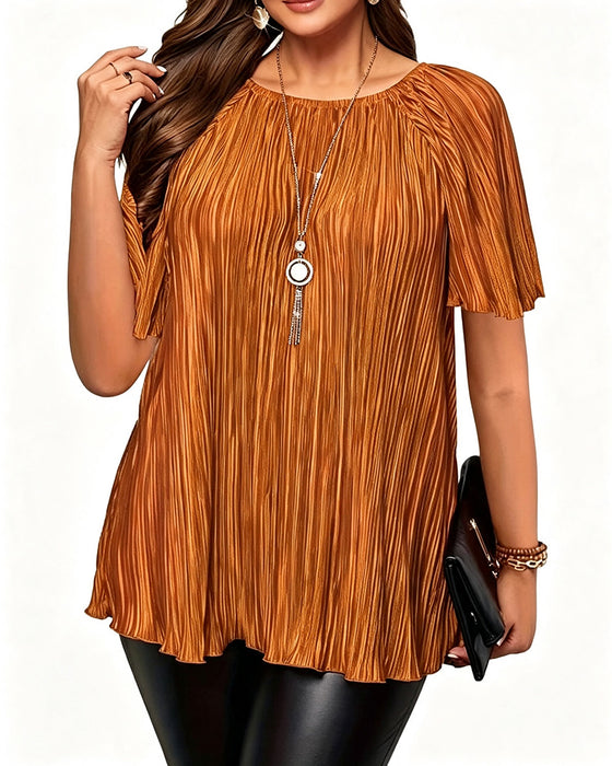 T-Shirt Grande Taille Unie Plissée Manches Courtes