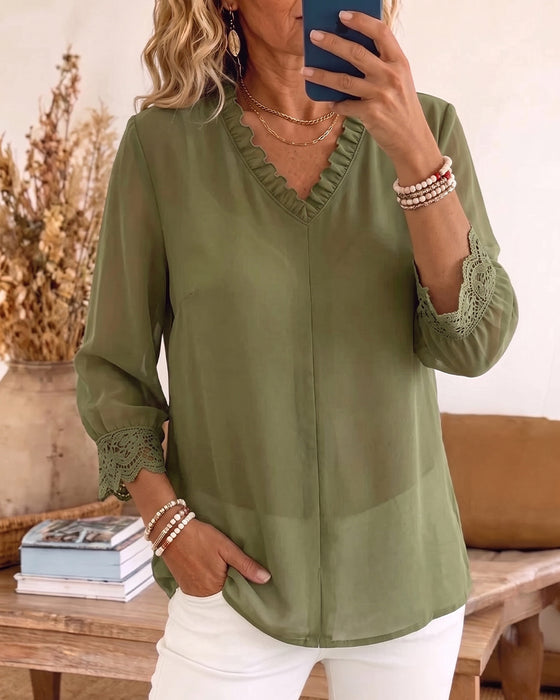 Blouse Col V Volant Dentelle Patchwork