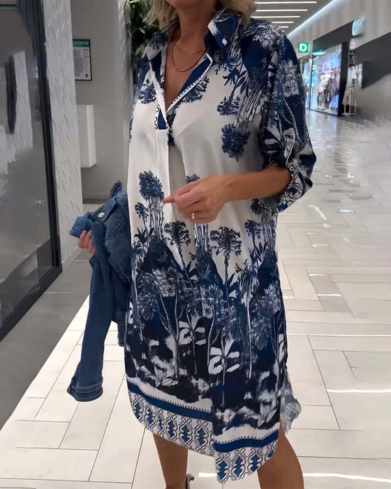 Robe décontractée à manches trois-quarts à revers et imprimé botanique
