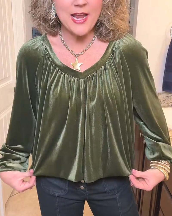 Blouse Col En V Froncée Découpe Manches Longues