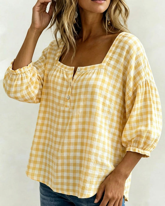 Blouse Col Carré Boutonnage Ecossais