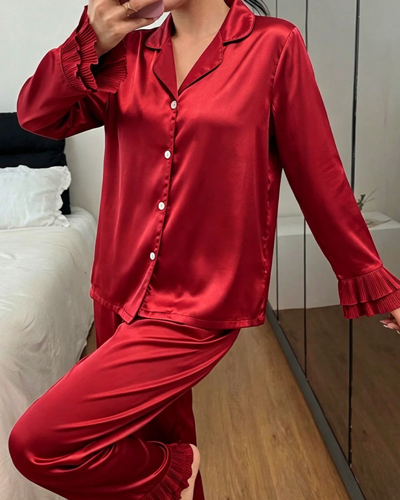 Ensemble Pyjama Double Couche Col De Chemise Volanté