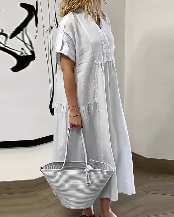 Robe Col V Bouton Plissé Jupe Large