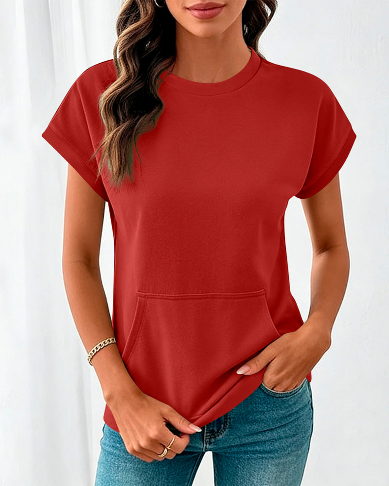 Blouse Poche Devant Unie Col Rond