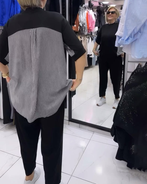 Blouse décontractée patchwork à fines rayures