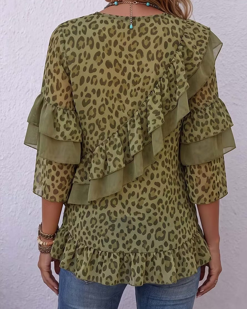 Blouse Col V Volant Léopard