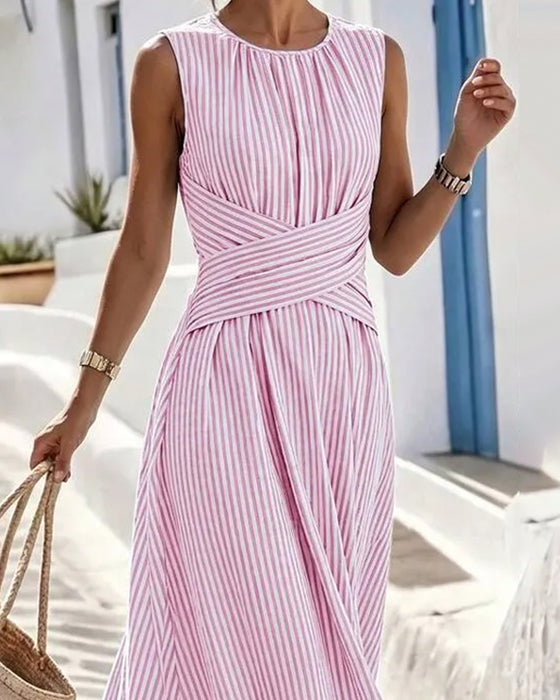 Robe Rayure Twist Taille Sans Manches Maxi