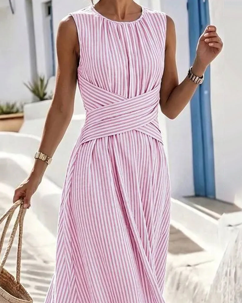 Robe Rayure Twist Taille Sans Manches Maxi