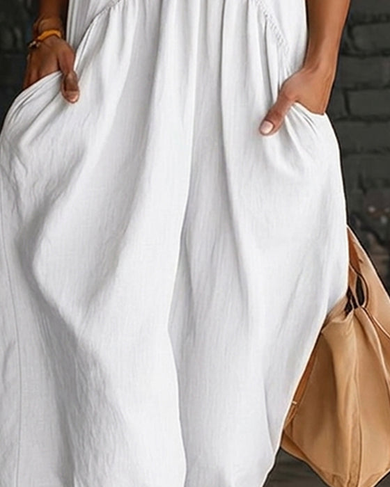 Robe 100% Coton Sans Manches Col Montant Unie Maxi