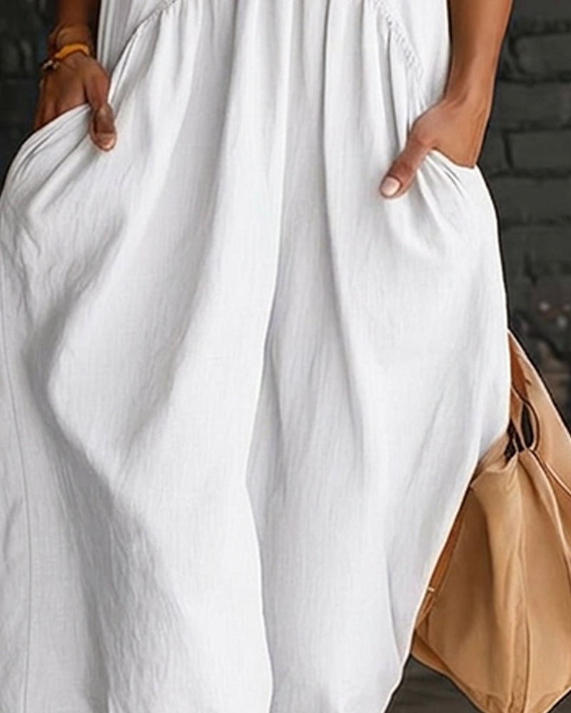 Robe 100% Coton Sans Manches Col Montant Unie Maxi