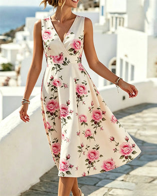 Robe Florale Col V Sans Manches Taille A-Ligne