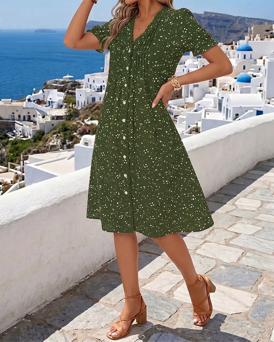Robe Fleurie Col V Boutonnée Devant