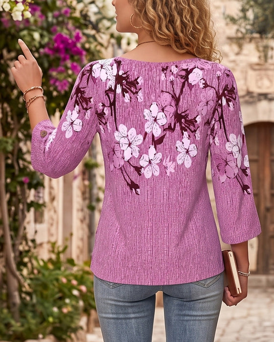 Blouse Col Rond Fleuri Irrégulier Manche Coude
