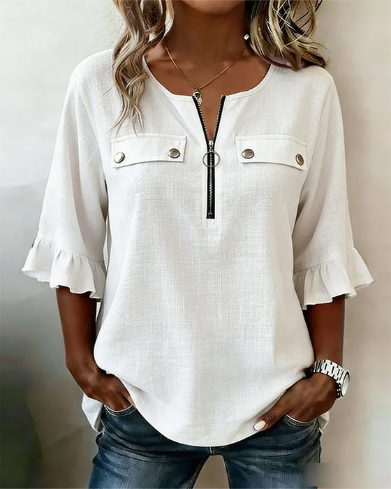 Blouse Fermeture Éclair Manches 3/4 Volantée