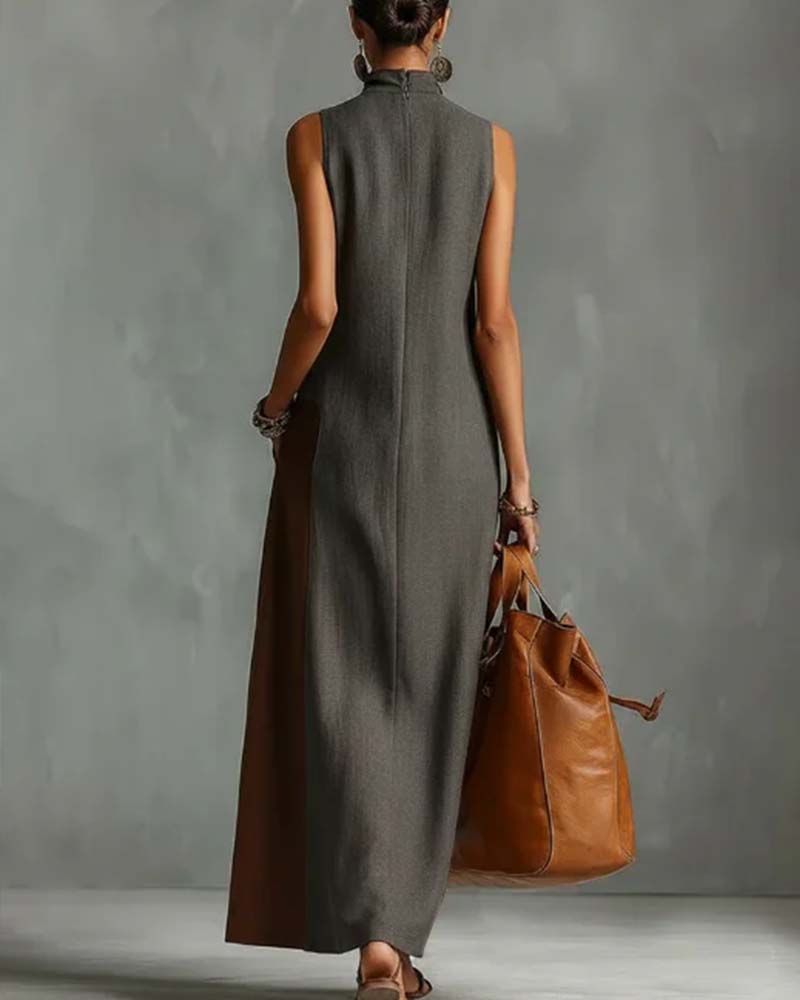 Robe Col Haut Asymétrique Patchwork Sans Manches