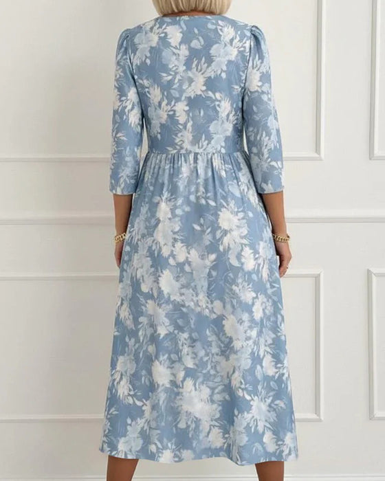 Robe Col V Bouton Florale Froncée