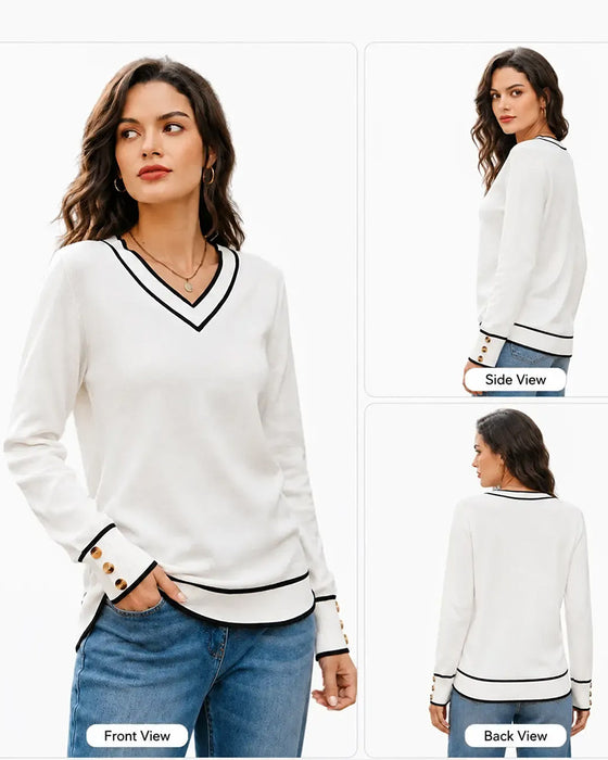 Pullover À Col En V Et Boutons De Contraste