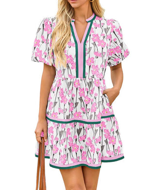 Robe Col V Floral Manche Ballon Patchwork