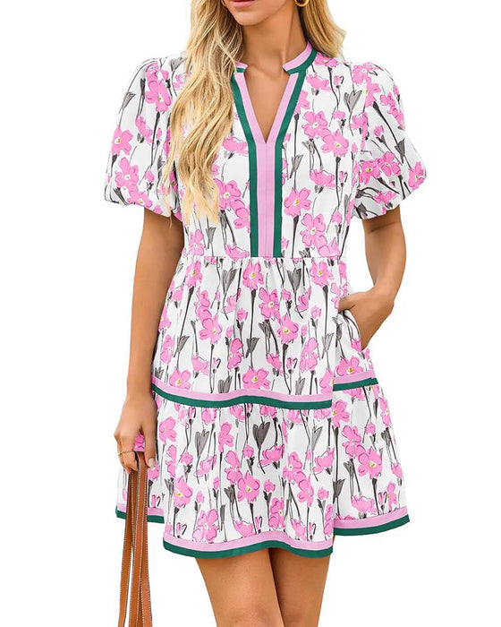 Robe Col V Floral Manche Ballon Patchwork
