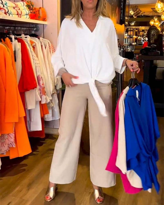 Chemisier à col en V à cravate de couleur unie