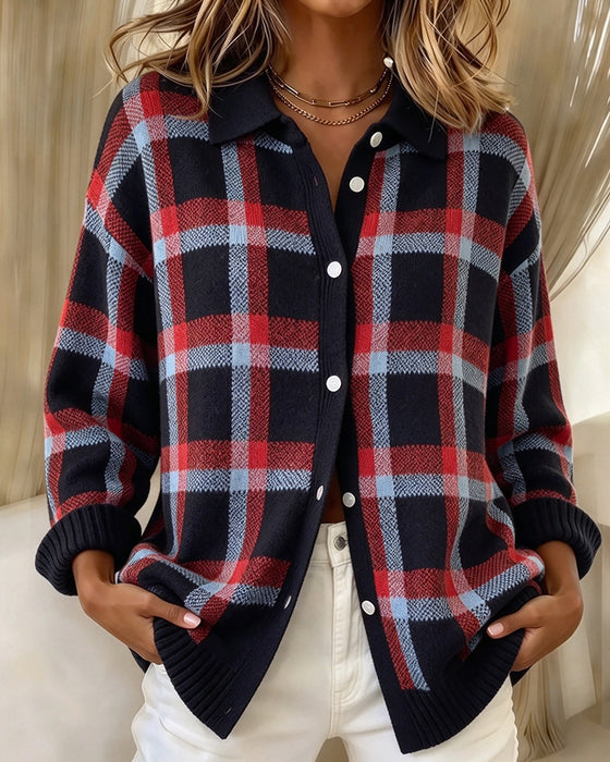 Cardigan Revers Geknöpft Karo Locker