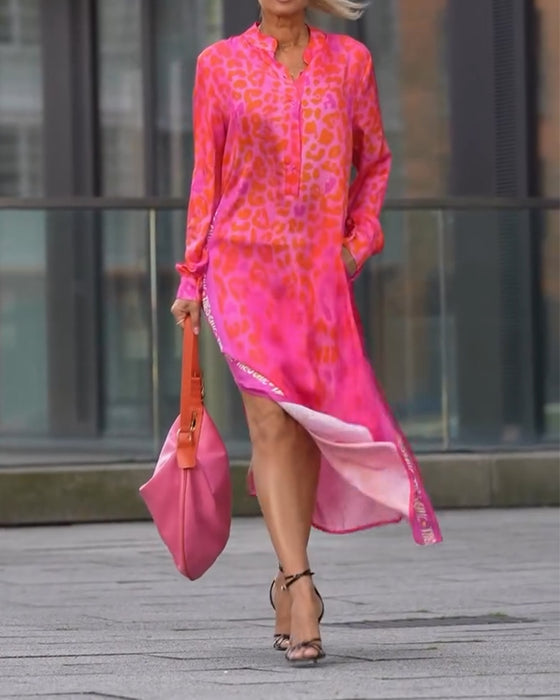 Robe Manches Longues Imprimé Léopard Fente