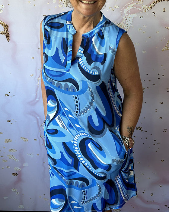 Robe imprimée sans manches à col montant et poches