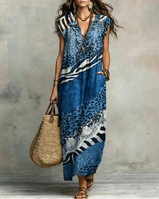 Robe Col En V Volant Motif Patchwork