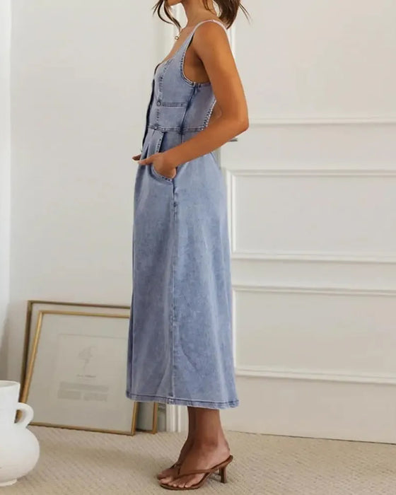 Robe Bretelle Spaghetti Bouton Taille Cintrée Denim