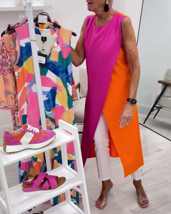 Blouse Sans Manches Couleur Contrastée Fente Longue