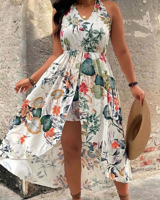 Set Col V Halter Robe Sans Manches + Short
