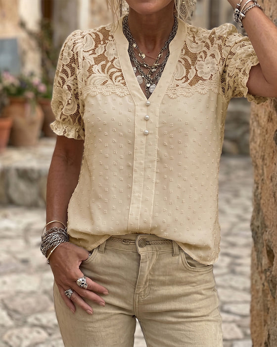 Chemisier Dentelle Patchwork Manche Bouffante Col V