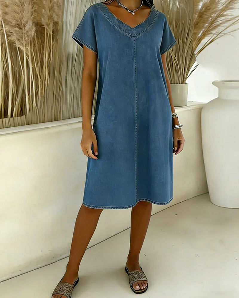 Robe Décontracté Col V Manche Courte Denim