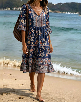 Robe Col V Ethnique Floral Patchwork