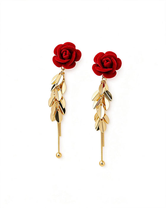 Boucles D'oreilles Rose Veloutée Cœur Long Pendentif