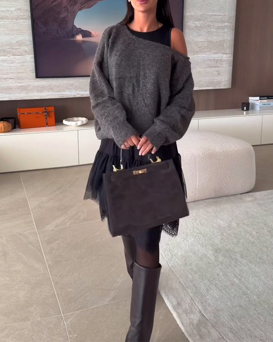 Décolleté Épaules Nues Loose Pull & Ourlet Dentelle Robe