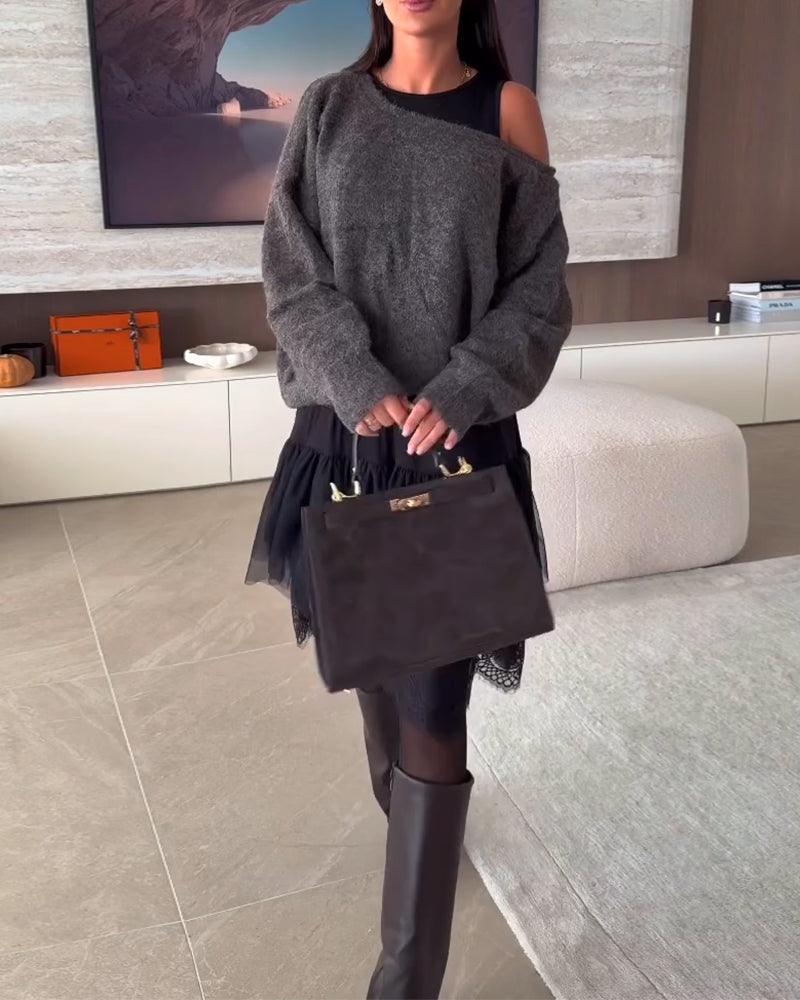 Décolleté Épaules Nues Loose Pull & Ourlet Dentelle Robe