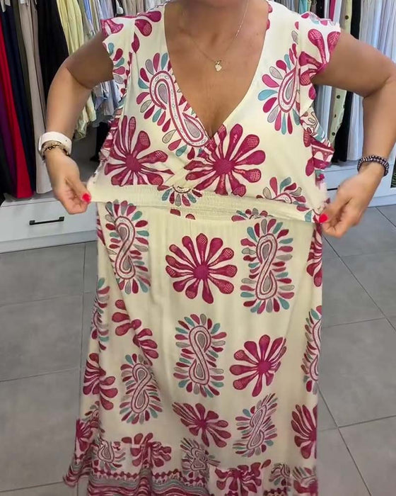 Robe Floral Taille-Serrée Manche-Volant Vacances Maxi
