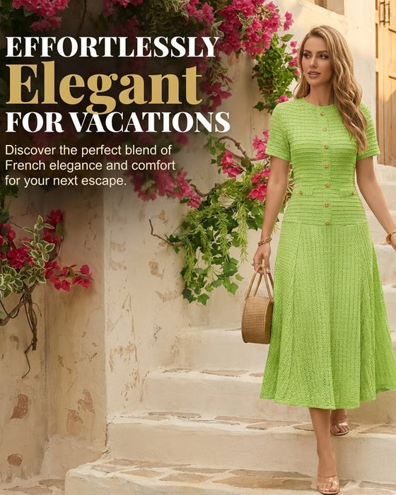 Robe Col Rond Ajustée Bouton Patchwork