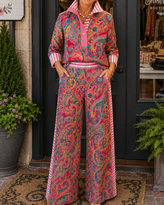 Set Revers Rayure Imprimé Chemise + Jambe Large Pantalon