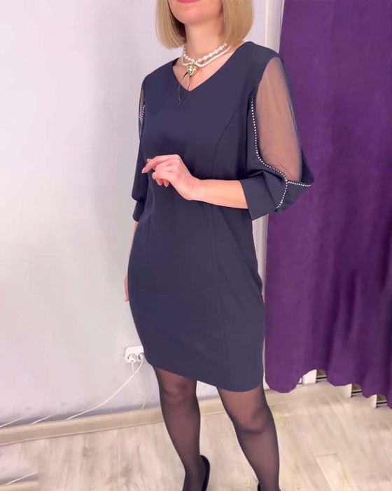 Robe Manches Mi-longues Col V Strass Couture