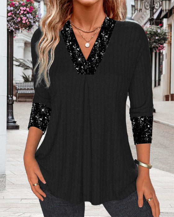 Haut décontracté à plis et patchwork de sequins de couleur unie
