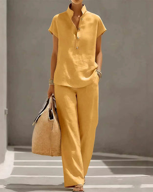 Ensemble Col Montant Bouton Manches Courtes Et Pantalon Long