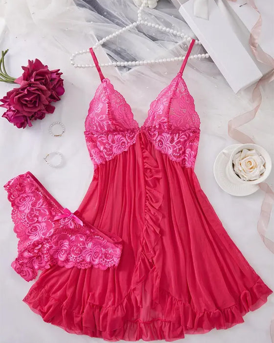 Chemise de Nuit Décolletée & Culotte Décor Nœud Set Femme Sexy Volant Dentelle