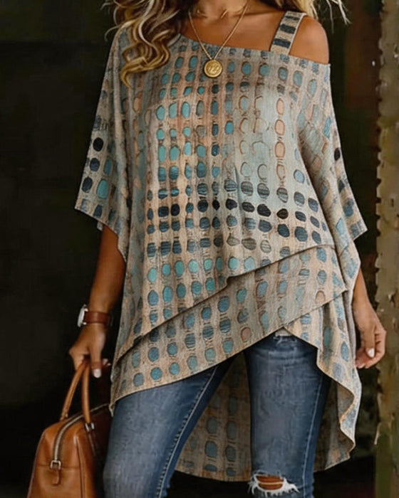 Blouse Imprimé Pois Une Épaule Irrégulière