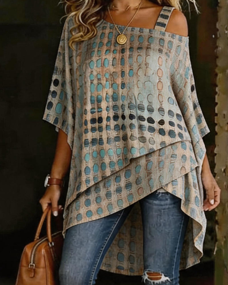 Blouse Imprimé Pois Une Épaule Irrégulière